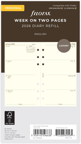 Filofax Personal week on two pages cotton cream English 2026 diary
