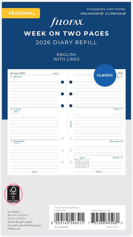 Filofax Personal week on two pages English lined 2026 diary