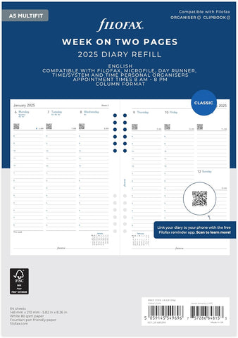 Filofax A5 Week on two pages English multi-fit 2026 diary