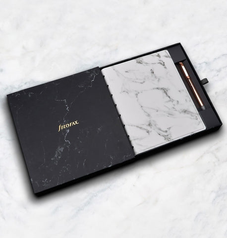 Filofax Gift Box Set | Filofax Patterns Marble A5 Notebook with Erasable Rose Gold Ballpoint Pen