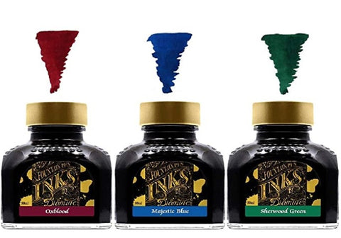 Diamine - 80ml Fountain Pen Primary Colour Ink - Oxblood & Majestic Blue & Sherwood Green