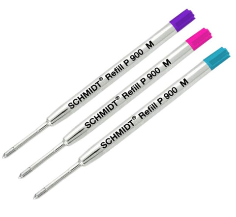 Schmidt P900 Ballpoint Refill - Turquoise, Purple, Magenta - Medium, 3 Pack