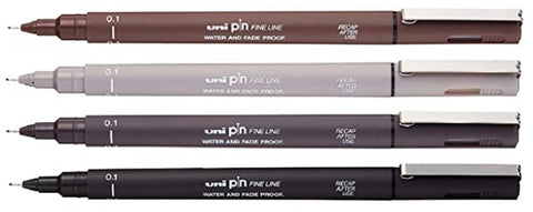 UniBall  - Uni Pin Fineliner Mix 4 Pack - 0.1mm - Sepia, Light Grey, Dark Grey, Black