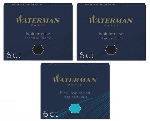 Waterman - Short International Ink Cartridges - 1 x South Sea International and 2 x Black - Pack of 3
