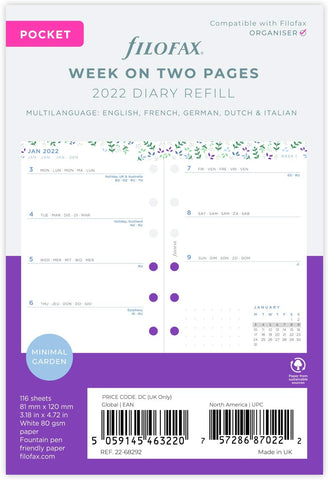 Filofax Garden Illustrated Diary Refill Pack - Pocket Size - 2022 (Multilanguage)