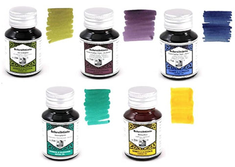 Rohrer & Klingner - Fountain Pen Ink Set - 5 x 50ml Bottles -Salix, Alt-Goldgrun, Scabiosa, Helianthus & Smaragdgrun