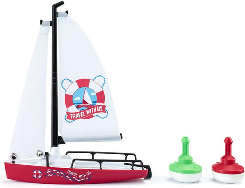 SIKU 1752 Sailboat with Buoys – 1:50 Scale, White/Red, Roll-Up Sails, Foldable Mast