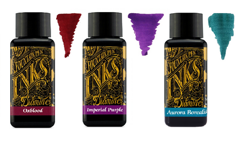 Diamine - 30ml Fountain Pen Ink - 3 Pack - Oxblood & Imperial Purple & Aurora Borealis