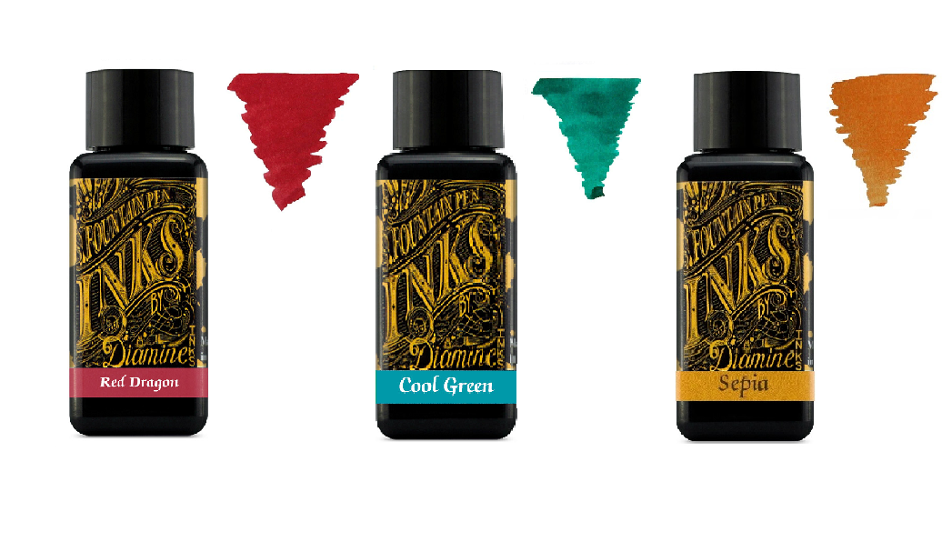 Dragon Pens Diamine Fountain Pen Ink 3-Pack - Red Dragon, Cool Green ...