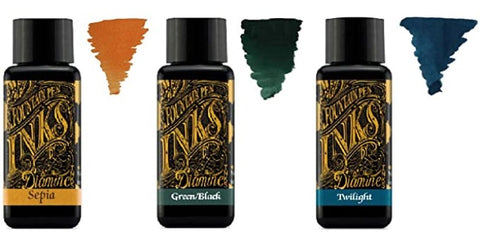 Diamine - 30ml Fountain Pen Ink - 3 Pack - Sepia, Green Black, Twilight