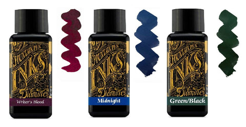 Diamine 30ml Fountain Pen Ink - 3 Pack - Writers Blood & Midnight Blue & Green Black
