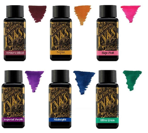 Diamine Fountain Pen Ink 30ml - Color Wheel - 6 x Bottles - Writers Blood, Sepia, Imperial Purple, Midnight, Hope Pink, Ultra Green