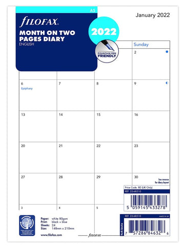 Filofax Diary Refill A5 Month on Two Pages Block Format, English - 2022