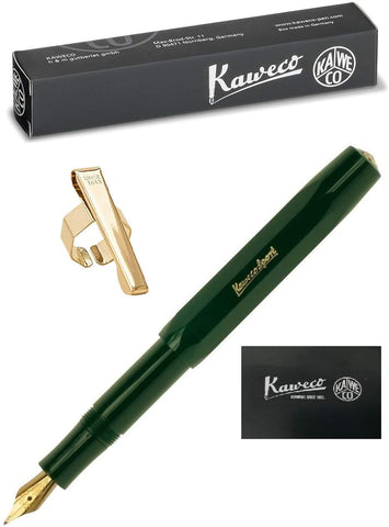 Kaweco Sport Classic Fountain Pen Green - Fine Nib with Kaweco Sport Octagonal Clip Gold