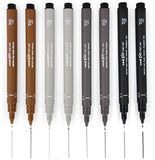 Uni-Ball Uni Pin Fineliner Pen Mix 8 Pack - 0.1, 0.5mm - Black, Greys and Sepia