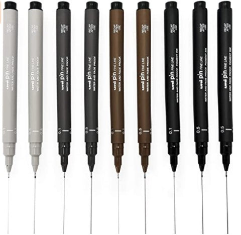 Uni-Ball Uni Pin Fineliner Pen Mix 9 Pack - 0.1, 0.5mm - Black, Greys and Sepia