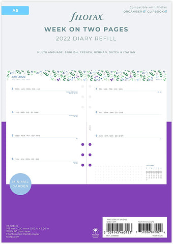 Filofax Garden Illustrated Diary Refill Pack - A5 Size - 2022 (Multilanguage)