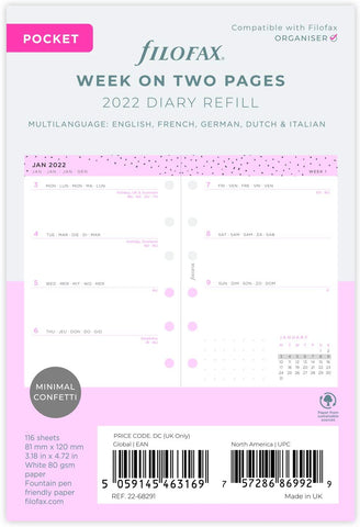 Filofax Confetti Illustrated Diary Refill Pack - Pocket Size - 2022 (Multilanguage)