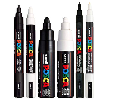 POSCA Paint Markers - Black & White Assorted Tip Sizes - Set of 6 Pens